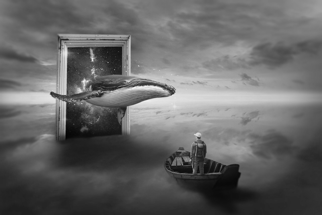 illustrazione surreale di una balena che nuota nell'aria uscendo da una porta aperta in un mare con nebbia. una barca senza remi in cui sta un uomo di spalle con uno zaino