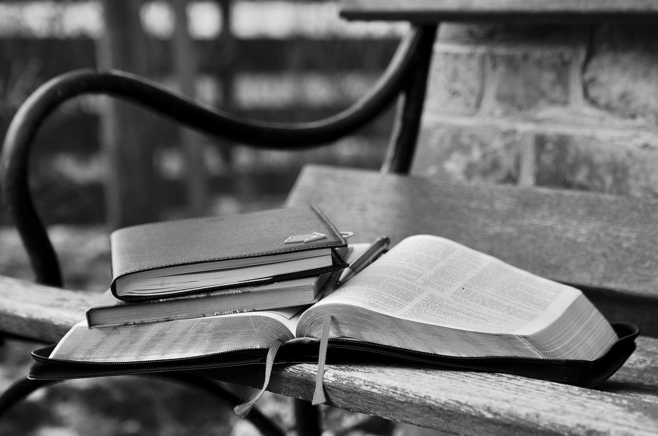 una panchina con su dei libri uno di essi aperto